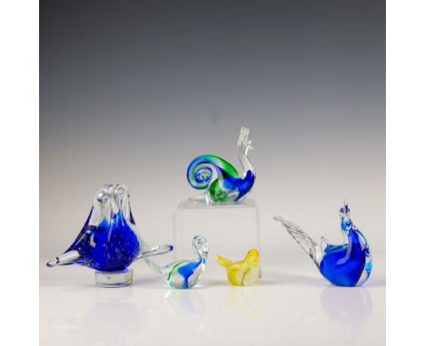 A captivating collection of five Murano glass animal figurines, showcasing the renowned craftsmanship of Italian glass artisa