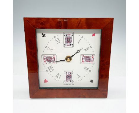 Bryn Parry Studios handcrafted wooden frame clock featuring a unique playing card dial design with Roman numerals. The clock 