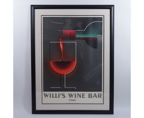 This Art Deco restrike lithographic poster titled Willi's Wine Bar, is designed after A.M. Cassandre's 1935 original. The art