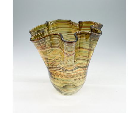 Venetian art glass vase featuring a handkerchief ruffle design and vibrant swirled patterns in shades of amber, brown, and gr