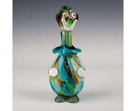 Vibrantly colored Murano art glass clown decanter, featuring a whimsical design with multicolored swirls of blue, green, and 