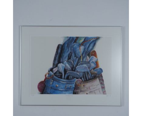 A limited-edition lithograph depicting a captivating still life of golf clubs stored in vintage-style pouches. The artwork em