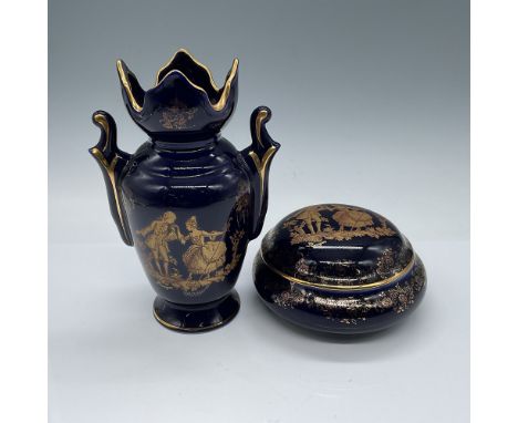 A 2-piece set of French china with cobalt blue and gold gilding, including a vase measuring 6.5"H and a covered powder box me