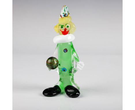 Vibrant and whimsical Murano glass clown figurine, featuring an elongated green body with colorful millefiori accents and a m