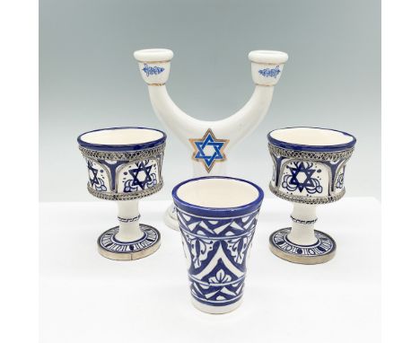 Beautiful hand-painted Moroccan Judaica ceramic set including a double-branched candelabra by LB Design (8"H), two Kiddush go