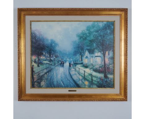 This limited edition offset lithograph on canvas, Hometown Memories I: Walking to School on a Sunday Evening, showcases the s