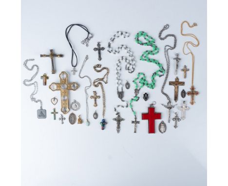 This 32-piece vintage collection includes 6 necklaces, crosses, crucifixes, medals, and rosaries. Highlights feature a Swarov