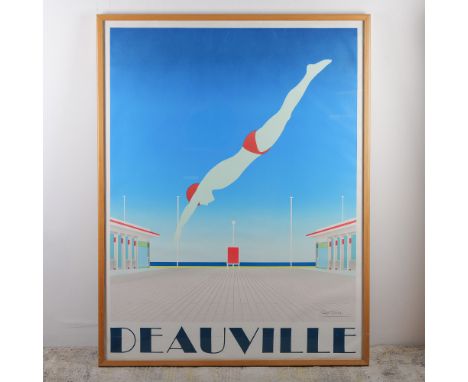 A striking Art Deco-style lithograph poster by the renowned French graphic artist Razzia, titled Deauville. This work feature