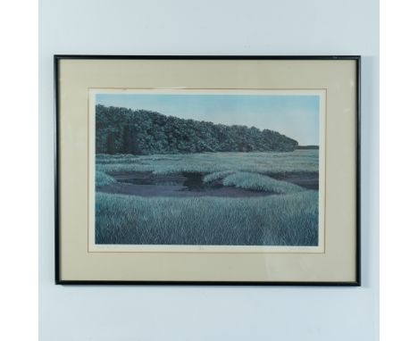 Original color lithograph on laid paper that depicts a salt marsh by Maine artist Joy Biddle. Signature, title and edition nu