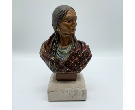 Limited edition R. Morales bronze bust titled "Icarus," depicting an Indian maiden with braided hair, traditional jewelry, an