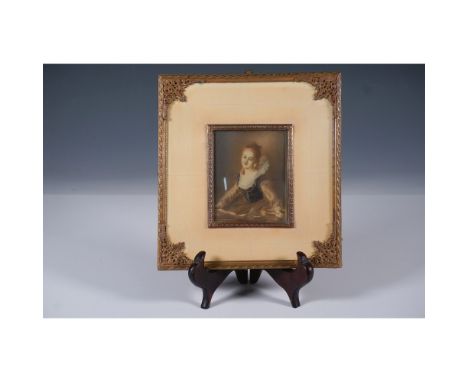 An exquisite miniature portrait in the French Rococo style, depicting a young aristocratic woman with a graceful, lighthearte