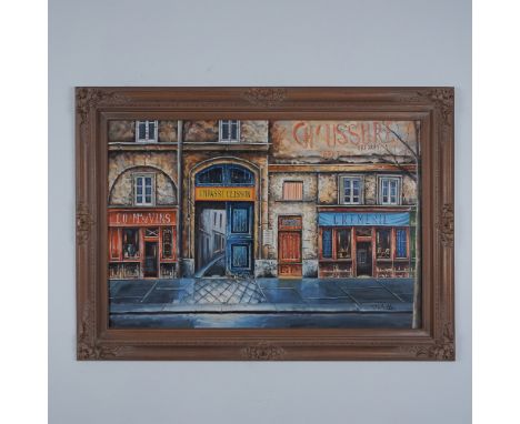 A vibrant oil on canvas depicting a charming French village street scene. The composition features intricately detailed shop 