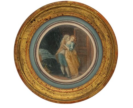 French 19th Century A pair of erotic roundels Coloured etching on paper  Property of a nobleman  Dimensions: 4.75 in. (D) 
