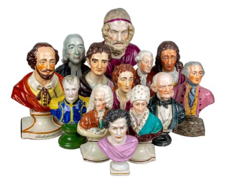 British Antique A group of thirteen ceramic busts To include Shakespeare, Sir Isaac Newton and John Locke  Dimensions: Rangin
