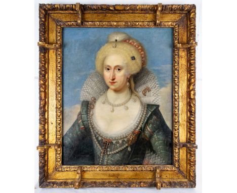 Paul van Somer I (1577 - 1621) Queen Anne of Denmark (1574 - 1619) Oil on canvas In an unusual early carved and gilded frame,