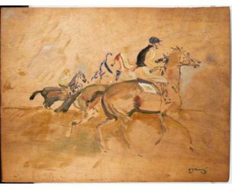 Attributed to Sir Alfred Munnings (1878 - 1959) A sketch of jockeys at the start Oil on panel Signed lower right, 'A. J. Munn