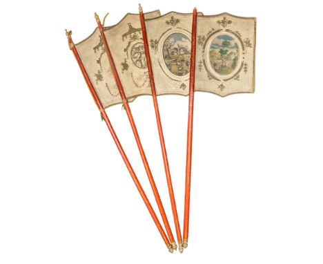 Venetian 19th Century A set of four papier-mâché flags The highly decorative painted flags mounted on painted and gilded stic