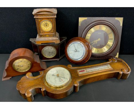 An Edwardian mahogany mantel clock, arched stepped case, gilt dial,  bracket feet; others German, French, Metamec wall time p