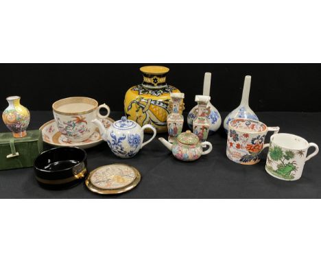 A Miniature famille rose teapot, 6cm high, and  conforming pair of vases, 11cm high, a pair of Japanese ovoid vases;  Ironsto