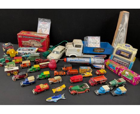 Toys - Sky express box, friction powered rocket; remote control MI Police car; Telsalda toys friction drive Ferrari; Triang t