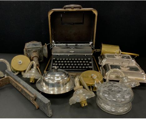 Boxes and objects - cartridge lamp, a pair of glass wall sconces, silver plated, brass clockwork meat jack, Royal typewriter;