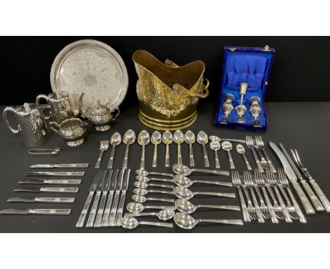Plated ware - Walker and Hall silver plated flatware 'Atlantic Design' for six, silver plated tray, planished brass coal scut