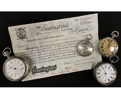 Two silver open faced pocket watch; an unusual Waltham railway type open faced pocket watch; a Service pocket watch, with ori
