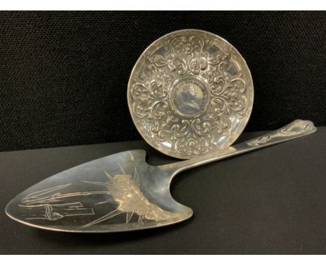 A George IV silver coin/token set dish, Irish Bank Token 1803, dish mount, London 1827;  Chinese Hong Kong silver cake slice,
