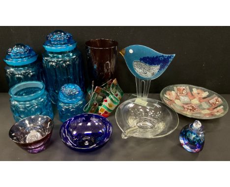 Art glass - Rosenthal wide rimmed bowl, with embossed lip, 20cm diameter, 19th century Bristol blue circular dish, 15cm diame