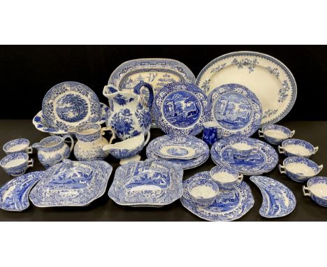Spode Italian comprised of; two lidded tureens, five tea cups, four soup tureens, seven plates, gravy boat and stand, jug; et