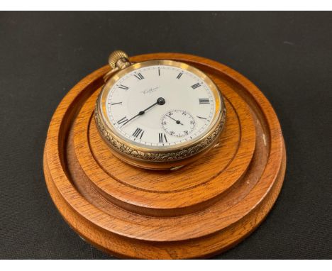 A Waltham 9ct gold cased pocket watch, white enamel dial, Roman numerals, subsidiary seconds, blued hands, stem wind 17 jewel