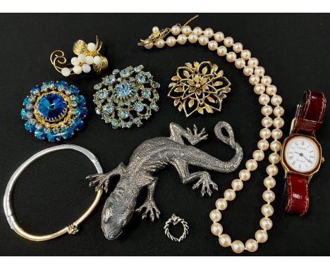 Mikimoto pearl pendant,  large salamander silver brooch, faint import marks, costumer jewellery brooches,  Tissot Boutique wr