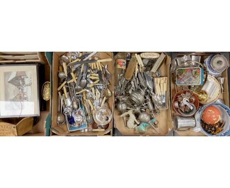 Four boxes in total - willow patten EPNS biscuit barrell, three tier glass light fixture, carnival glass, chess pieces, flatw
