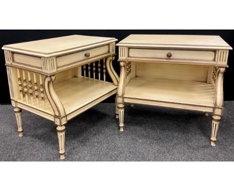 A pair of French style ‘Shabby chic’ bedside tables, or lamp tables, each with a single drawer to frieze, turned spindle supp