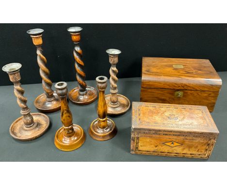 Treen - A victorian rosewood sewing box, fitted interior, 19th century marquetary inlaid tea caddy, a pair of barley twist ca