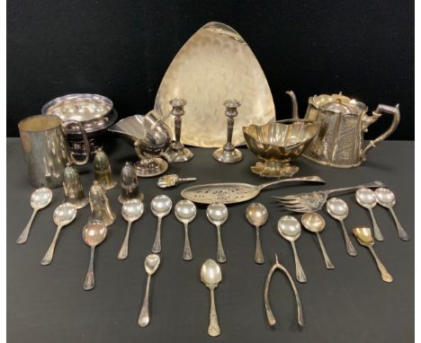Silver and EPNS -  pair of small weighted silver candlesticks, sugar bowl, victorian tea pot, flatware; etc