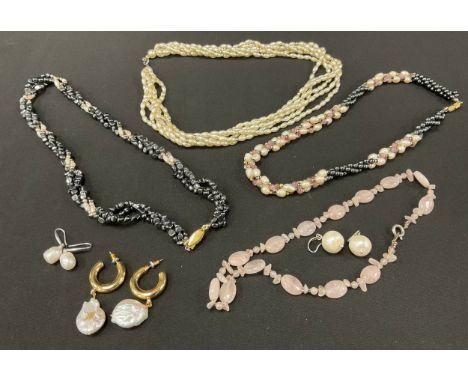 A hematite and seed pearl multi-strand necklace, another rose quartz, hematite and seed pearl;  gold coloured bluster pearl d