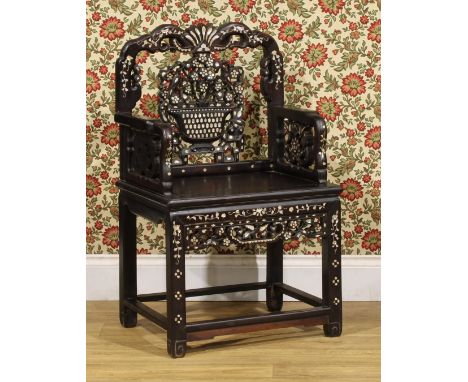 A Vietnamese hardwood and mother of pearl marquetry armchair, panel seat, 103cm high, 62cm wide, 47cm deep
