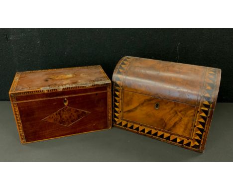 A George III inlaid mahogany tea caddy, shell patera, two section satinwood cross hatched interior, 11.5cm x 19cm x 11cm;  an