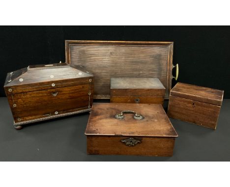 A 19th century mother of pearl inlaid Rosewood tea caddy, fitted interior, 20.5cm high, 31cm wide, 16cm deep;  Georgian mahog