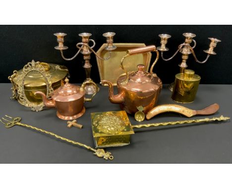 Brass and copper - a circular brass Indian chappati box and lock, 26cm diameter, brass tea caddy, copper kettles, a pair of s