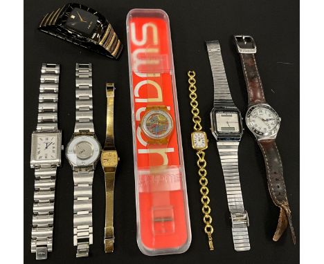 Watches - Swatch Jelly Fish GK100, boxed;  classic skin, Irony YGS 732, brown leather strap,  Flatteuse SFK121, Rotary Herita