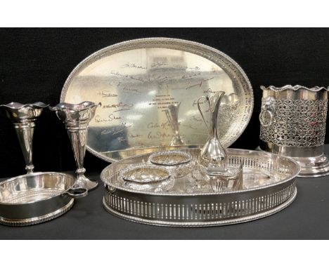 A pair of old Sheffield plate table salts, marked M.H;  miniature chamber stick, bottle or syphon stand, Mexican white metal 