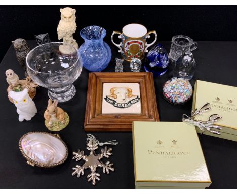 Caithness dump paperweight, others similar, soapstone models of owls, Penhaligons London silver metal Christmas decorations i