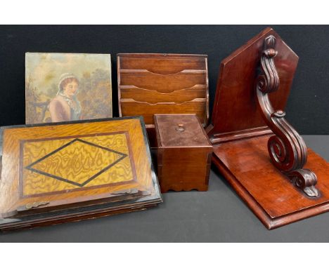 A Victorian mahogany wall bracket, scrolled support;  tea caddy;  oak stationery letter rack;  music/book stand; Portrait of 