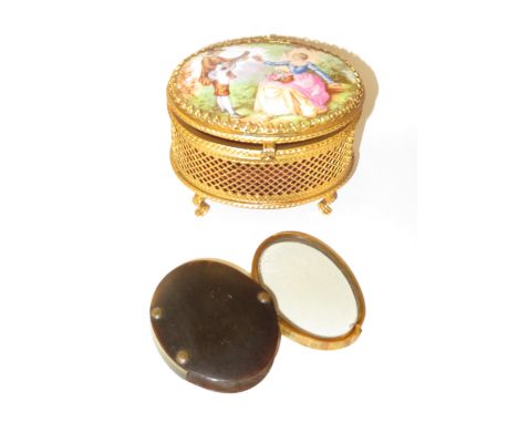 Gilt &amp; porcelain trinket box together with a horn magnifying glass