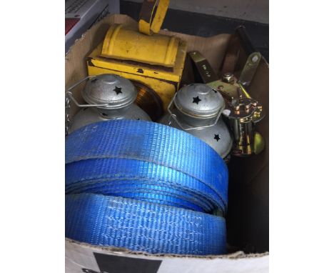A box of misc including ratchet straps, road safety paraffin lamp 