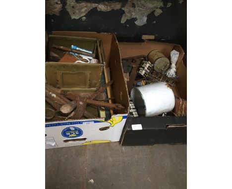 2 boxes with old tools to include clamps, spanners, etc 