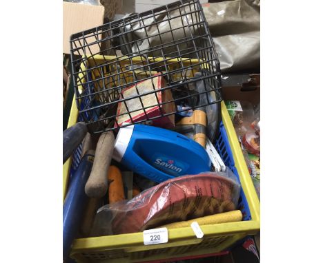 A box of misc, including garden tools, garden hose connections etc 