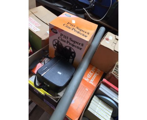 Chinon 8mm cine camera and Boots tripod, film editor and screen, Boots Cine projector and box of bits 